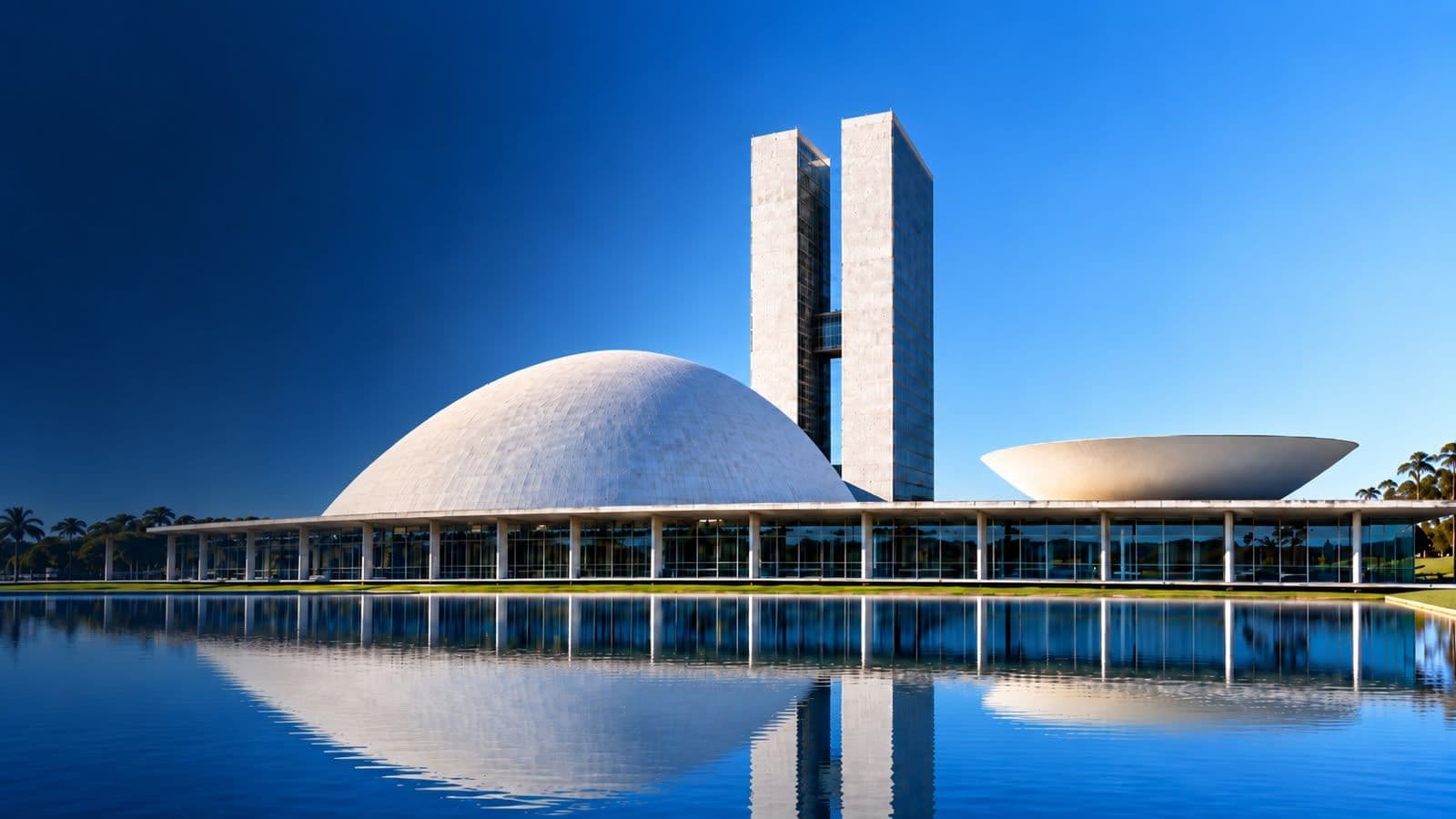Congresso Nacional em Brasília refletido no espelho d'água
