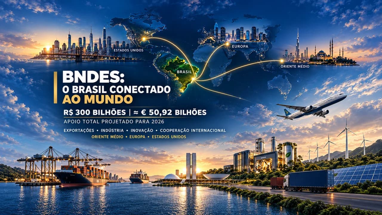 Brasil conectado aos mercados dos Estados Unidos, Europa e Oriente Médio, com mapa-múndi, rotas internacionais e elementos de exportação, indústria, logística e energia sustentável.