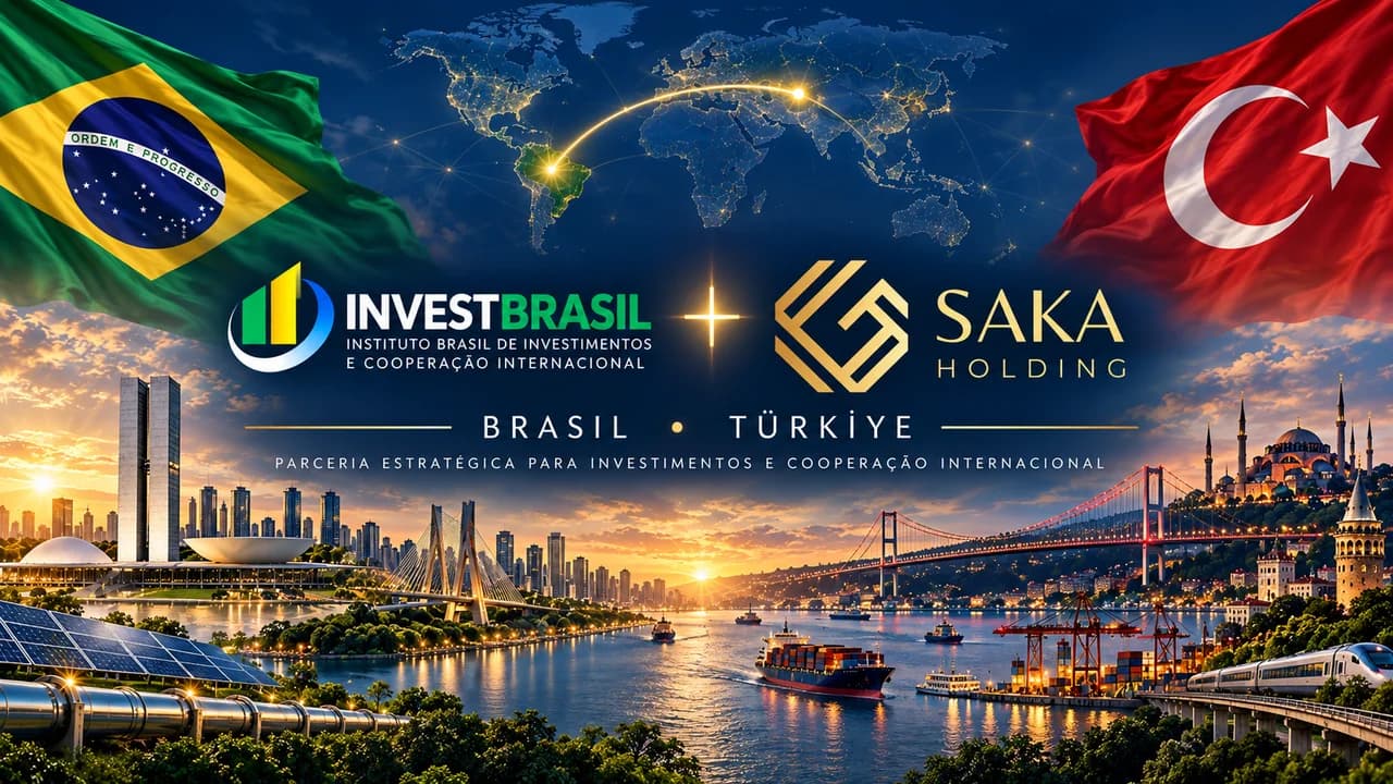 Parceria estratégica entre InvestBrasil e Saka Holding, representada pelas bandeiras do Brasil e da Turquia e por elementos de infraestrutura, energia, portos e logística internacional.