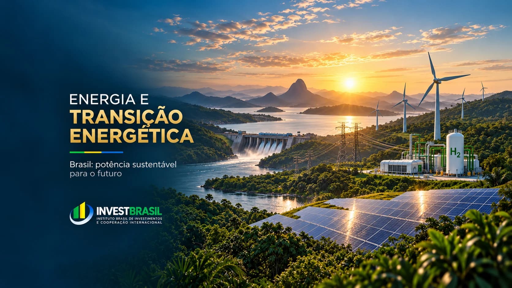 Turbinas eólicas em campo aberto ao pôr do sol