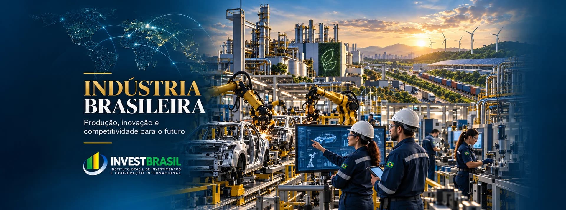 Interior de planta industrial com equipamentos e esteira de produção