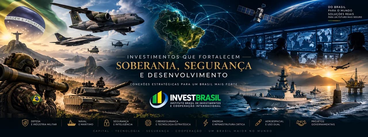 Composição sobre defesa e soberania do Brasil com bandeira nacional, forças terrestre, aérea e naval, satélite, centro de inteligência e infraestrutura estratégica